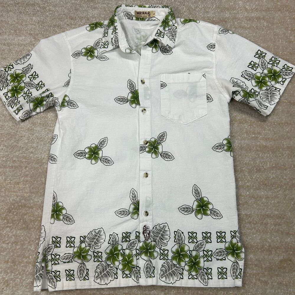 Wayan Hawaiian Shirt Mens L White Green Floral Short Sleeve Button Chest Pocket